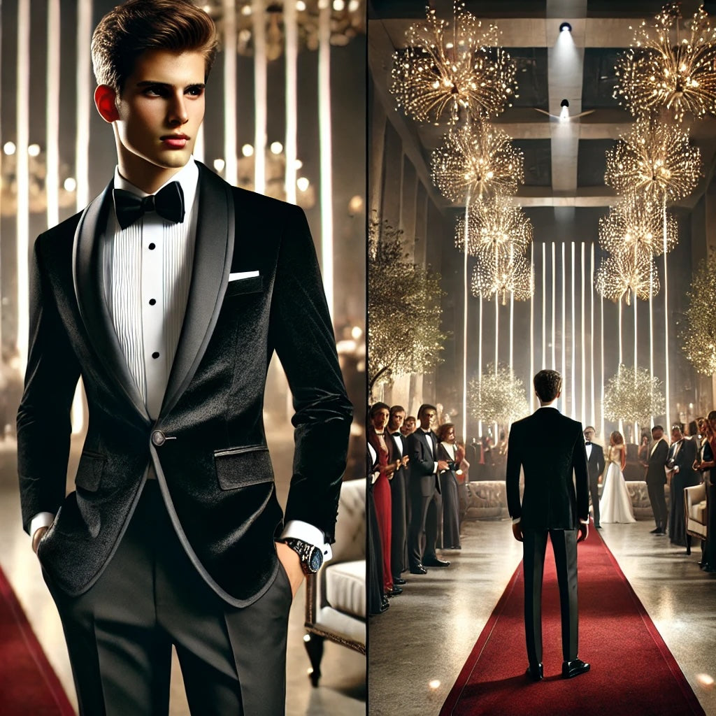 A stylish young man wearing a sleek black velvet tuxedo with a bow tie, standing confidently on a red carpet at a glamorous prom event with elegant lighting and well-dressed attendees.