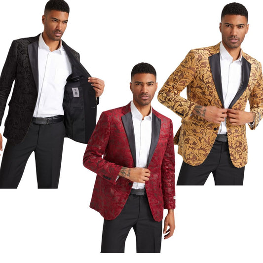 Three Floral Prom Tuxedo Blazers for 2025 by Stacy Adams – Red, Black, and Gold Styles from KCT Menswear