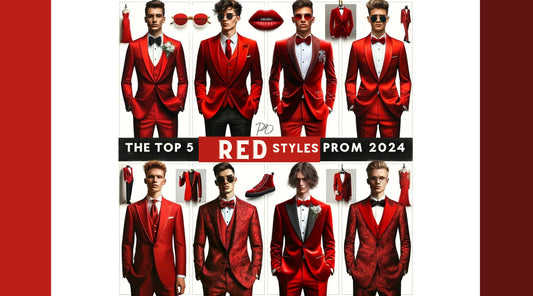 Collage of top 5 red tuxedos for Prom 2024 at KCT Menswear, featuring classic, modern slim-fit, luxurious velvet, patterned, and edgy styles, showcasing elegance and bold fashion choices for high school prom.