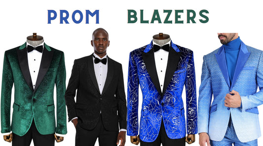 Assorted KCT Menswear prom blazers display featuring a glitter green blazer, a black sparkle blazer, a blue rose patterned jacket, and a cerulean geometric design suit, highlighting fashionable and diverse prom styles for young men