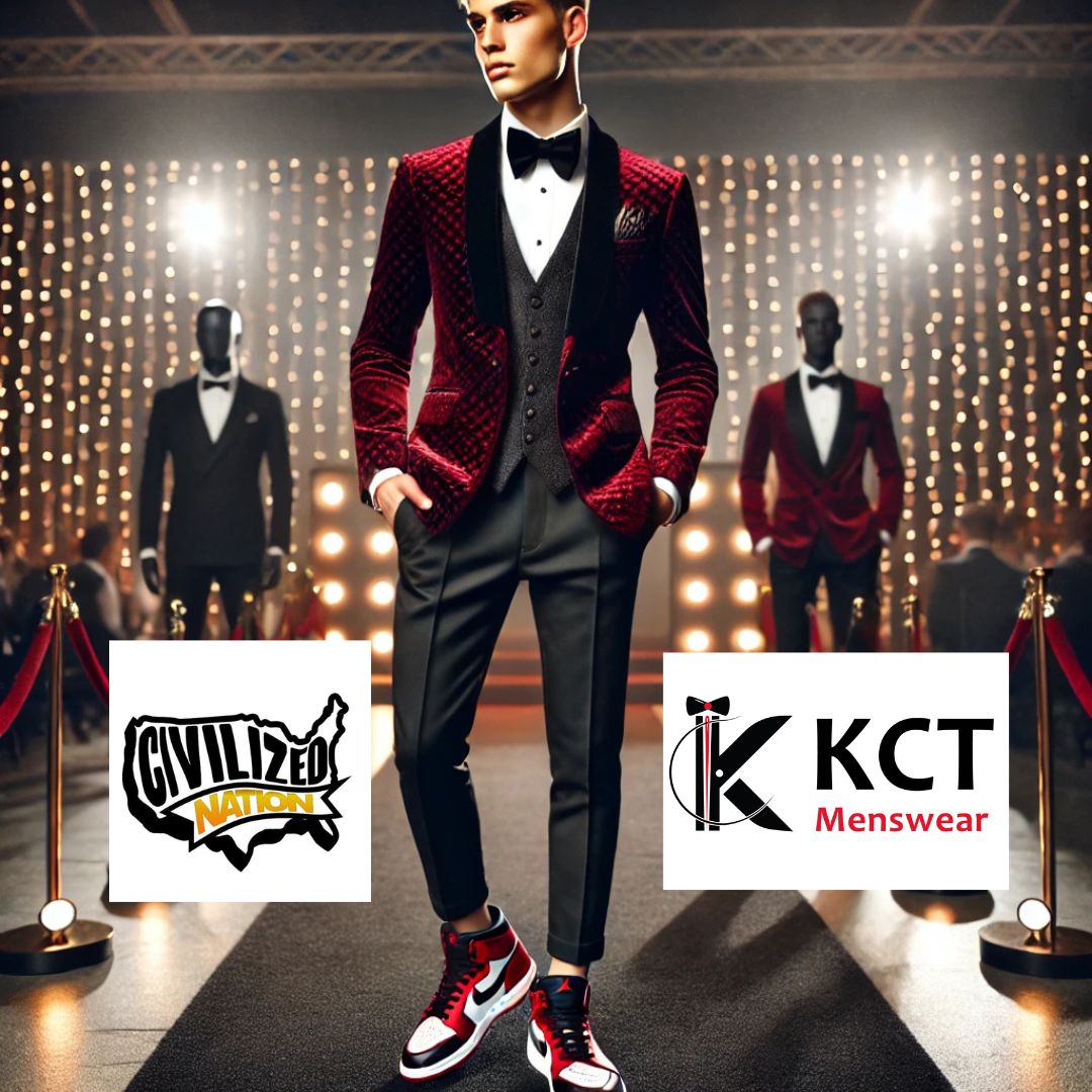 Young man in a burgundy velvet tuxedo jacket with red and white Jordan sneakers standing confidently on a red carpet runway at prom. Logos for KCT Menswear and Civilized Nation are featured.