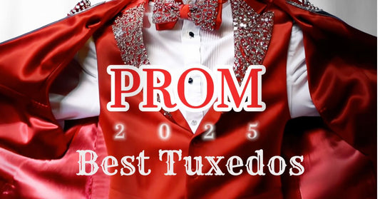 Red sequin lapel tuxedo with a matching bow tie, showcased for Prom 2025. Text overlay reads 'PROM 2025 Best Tuxedos' in bold styling. A stylish and eye-catching design for formal wear enthusiasts.