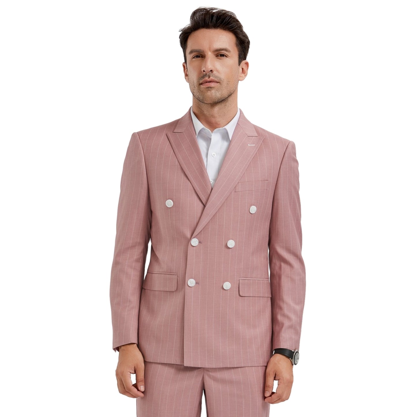 Elegant KCT Menswear Vintage Rose Pinstripe Double-Breasted Suit perfect for formal and professional settings
