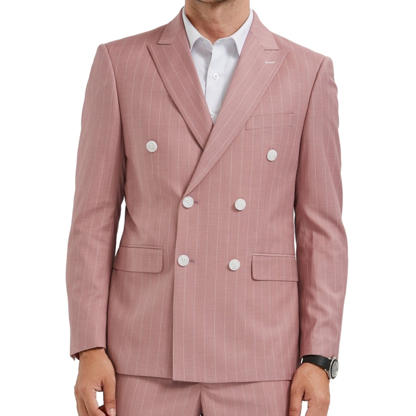 Elegant KCT Menswear Vintage Rose Pinstripe Double-Breasted Suit perfect for formal and professional settings