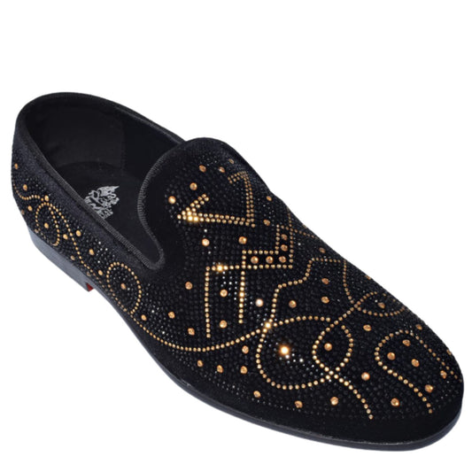 Black & Gold Rhinestone Prom Loafers | Luxury Slip-On Dress Shoe