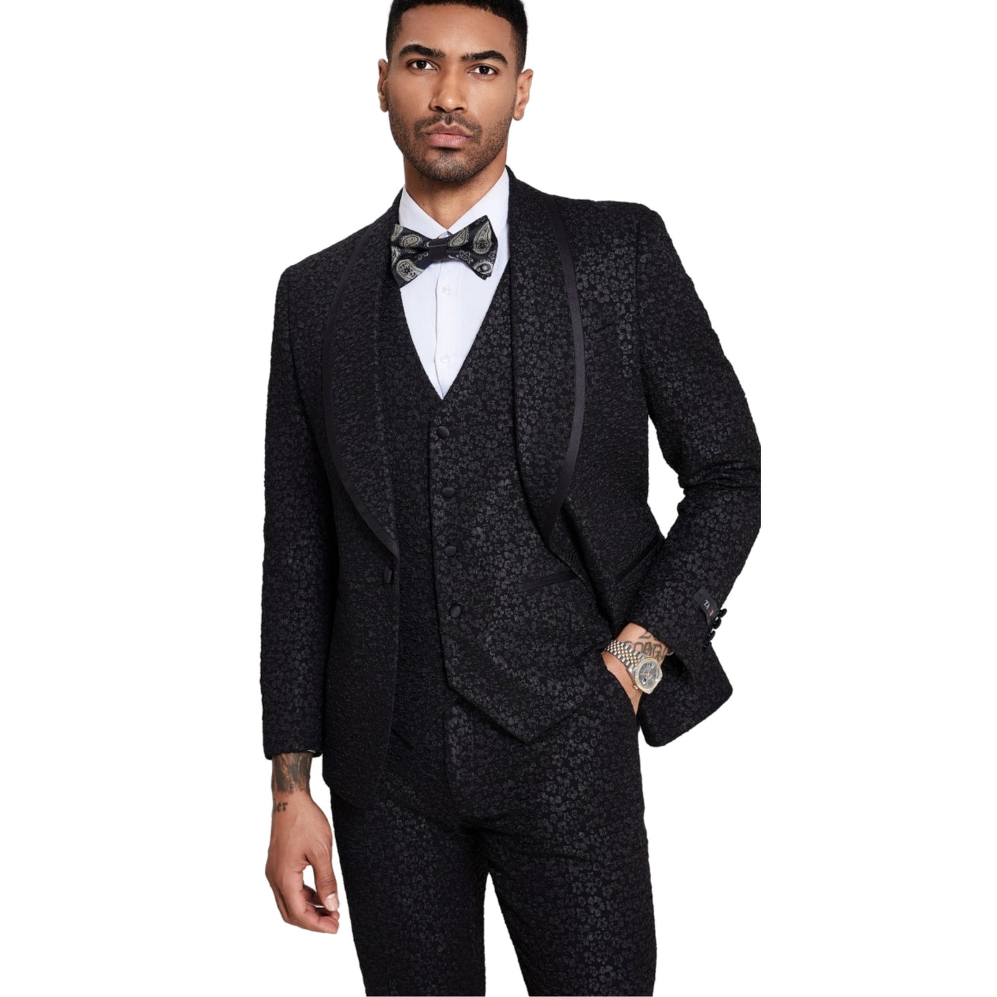 Jet Black Flower Tuxedo Full View, Jet Black Flower Pants Detail, Black Satin Trim Floral Lapel on Jacket, Jet Black Tuxedo with Flower Vest, Elegant Black Buttons, Slim Fit Men's Suit, Matching Jet Black Flower Bowtie.