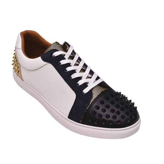 KCT Menswear black and white sneakers with gold spike detailing for a bold style statement.