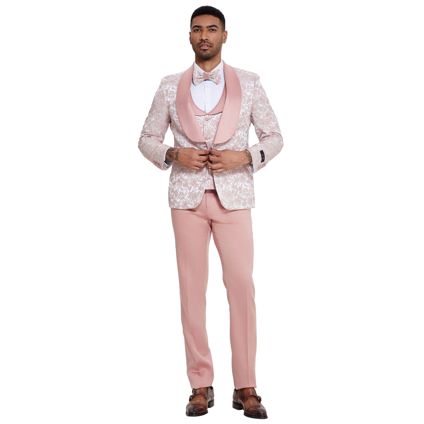 Blush Pink Paisley Tuxedo, Satin Blush Pink Pants, Blush Pink Tuxedo with Shawl Lapels, Satin Lapels on Vest, Blush Buttons Detail, Slim Fit Men's Suit, Blush Pink Bowtie.