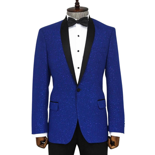 Man in KCT Menswear's royal blue sparkle tuxedo jacket exuding elegance at formal events.