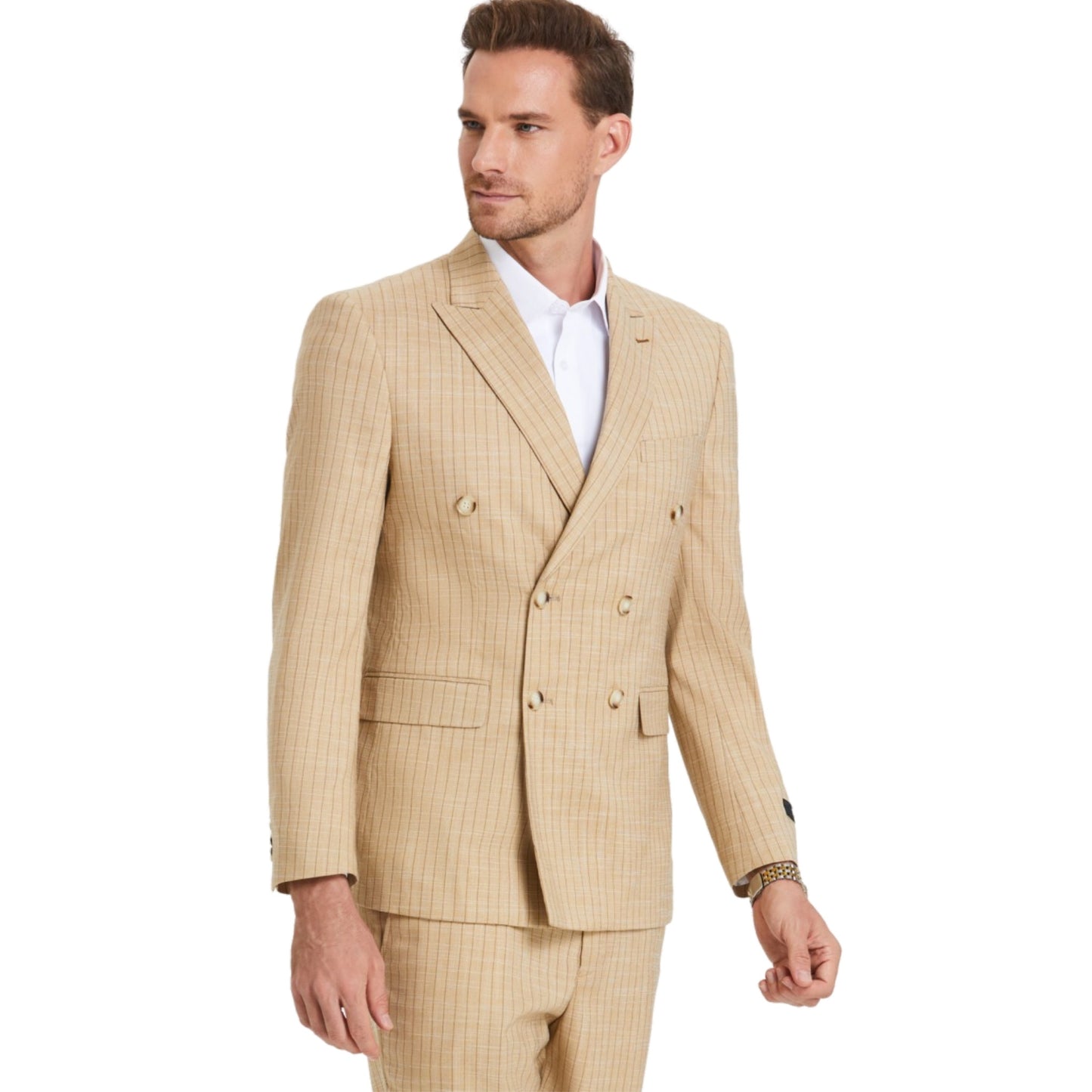 Stylish KCT Menswear Tan Glen Plaid Double-Breasted Suit perfect for summer events and professional wear"