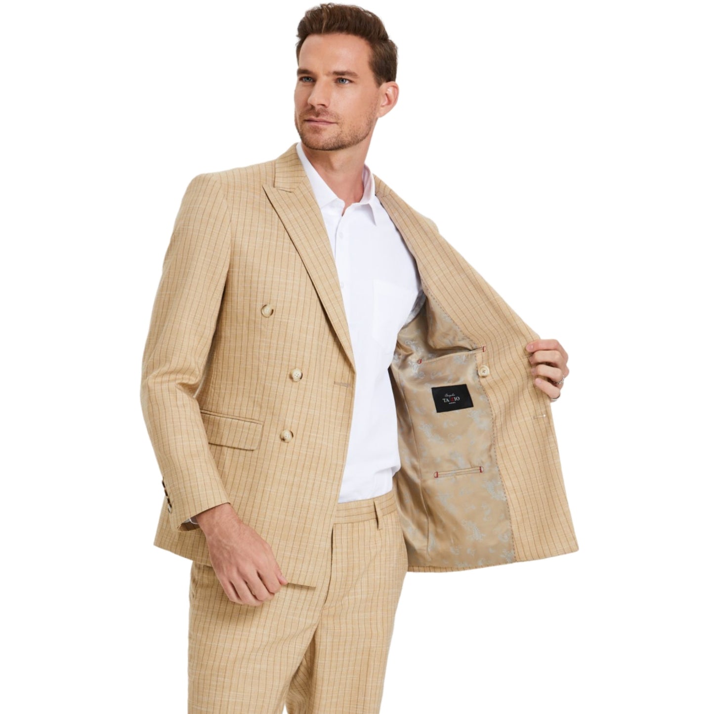 Stylish KCT Menswear Tan Glen Plaid Double-Breasted Suit perfect for summer events and professional wear"