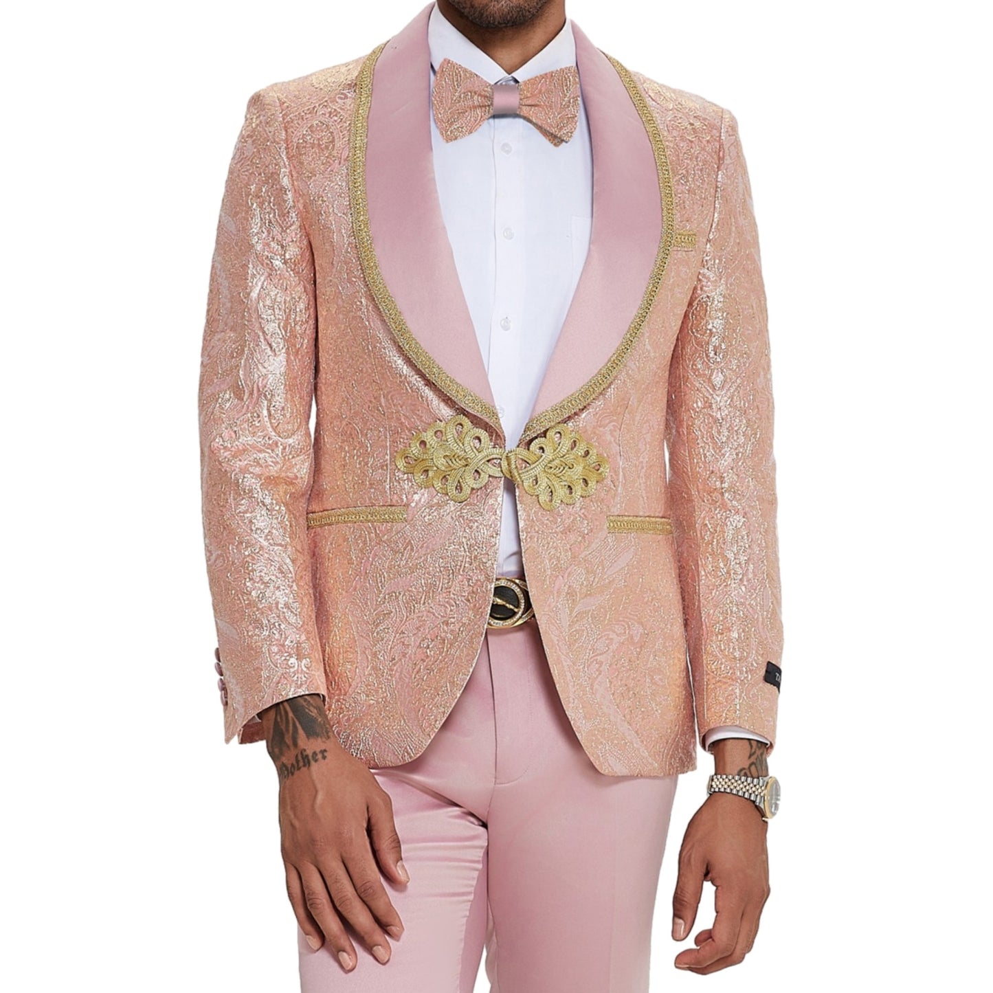 Gold and Pink Design Tuxedo, Pink Satin Pants, Pink Lapel with Gold Trim, Gold and Pink Bowtie, Slim Fit Tuxedo Style.