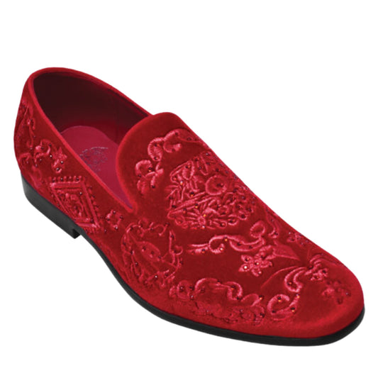 A close-up view of KCT Menswear's Paisley Red Velvet Loafers, showcasing the intricate paisley pattern, rich velvet material, and stunning red ruby stones - perfect for a refined and luxurious appearance at any formal event.