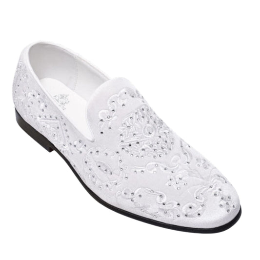 A close-up view of KCT Menswear's Paisley White Velvet Loafers, showcasing the intricate paisley pattern, rich velvet material, and stunning white stones - perfect for a refined and luxurious appearance at any formal event.