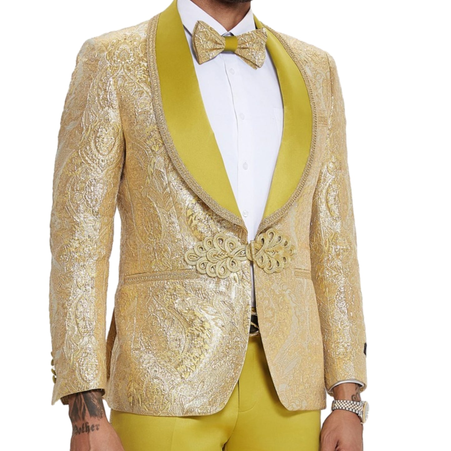 Golden Yellow Tuxedo Full View, Golden Yellow Shawl Lapel with Gold Trim, Satin Golden Yellow Pants, Matching Golden Yellow Bowtie, Slim Fit Tuxedo Style.