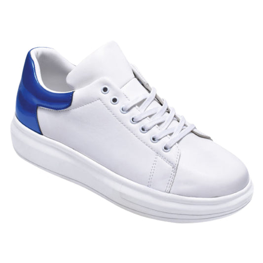KCT Menswear's versatile white leather sneakers with blue heel, ideal for prom and professional wear.