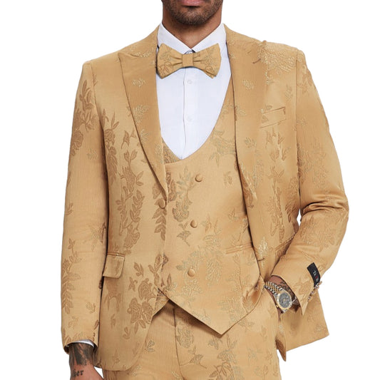 All Gold Satin Paisley Suit Full View, Gold Satin Paisley Pants, Gold Satin Paisley Jacket, Elegant Gold Satin Paisley Vest, Detailed Gold Buttons, Slim Fit Suit Style, Matching Gold Satin Paisley Bowtie.