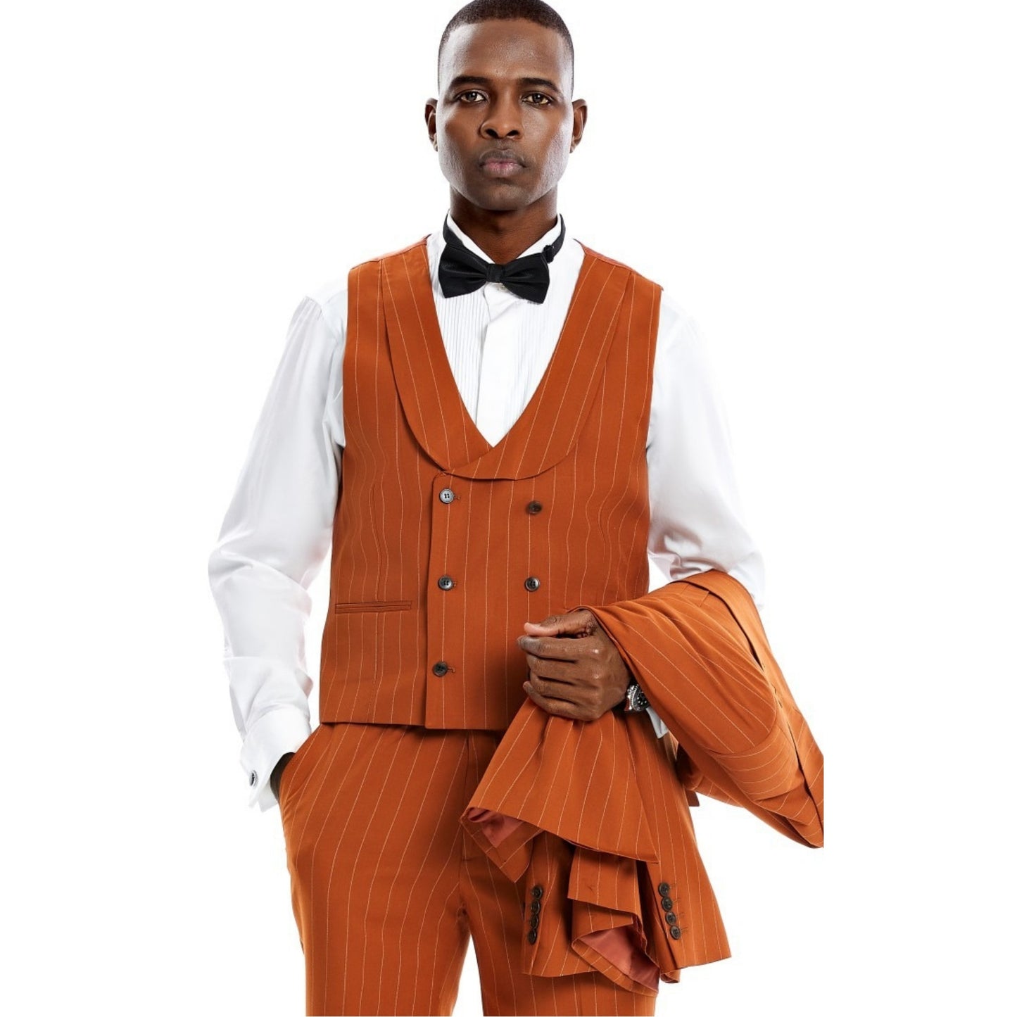 Elegant man in a burnt orange pinstripe three-piece suit, holding a  Burnt Orange Suit Jacket