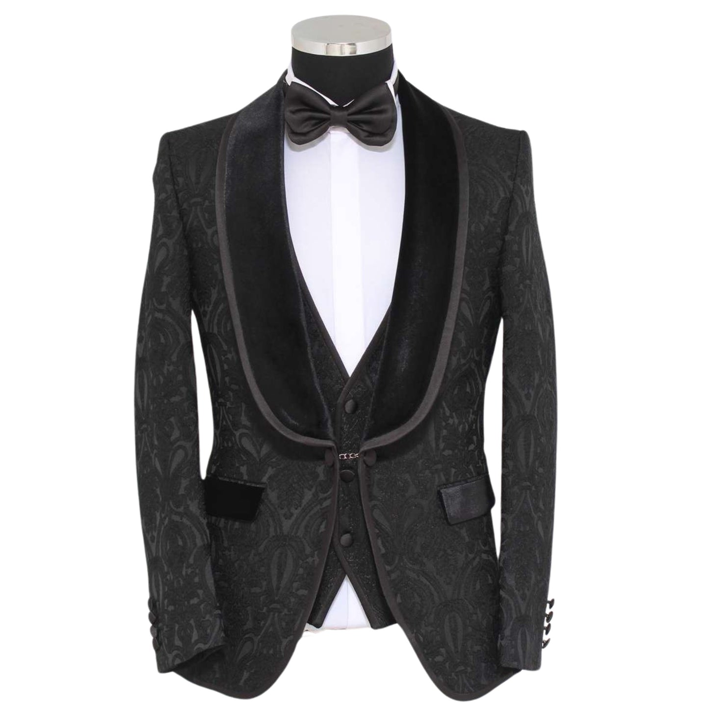 Black Paisley Three-Piece Tuxedo, Black Velvet Shawl Lapel, Stain Trimming on Pockets, Paisley Black Vest, Satin Black Buttons, Slim Black Pants, Elegant Men's Formal Wear, Made in Turkey.