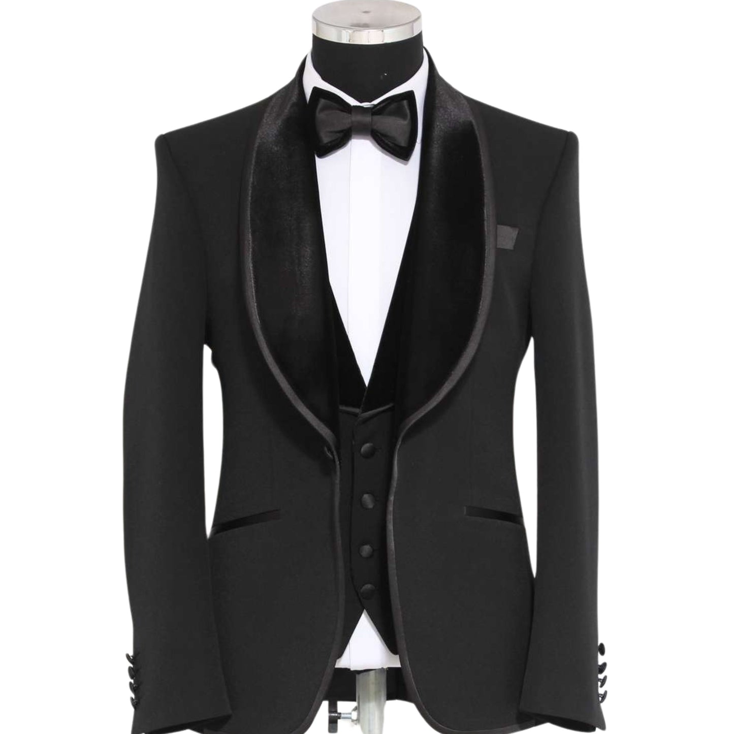 Jet Black Three-Piece Tuxedo, Black Velvet Shawl Lapel, Stain Trimming on Pockets, Black Vest with Velvet Lapel, Satin Black Buttons, Slim Black Pants, Elegant Men's Formal Wear, Made in Turkey.