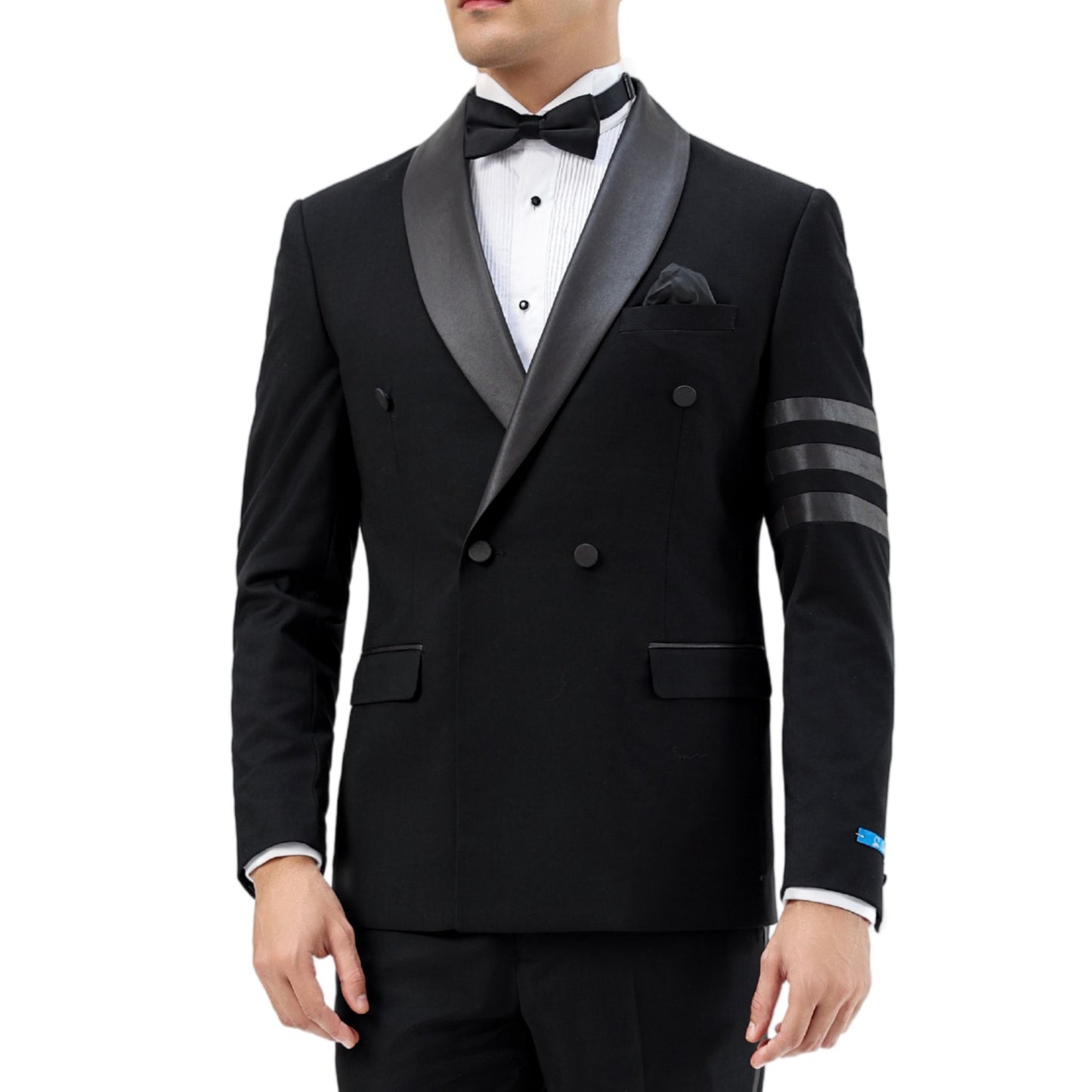 Black Double-Breasted Tuxedo with Stripe Sleeve Detail – Formalwear 2025