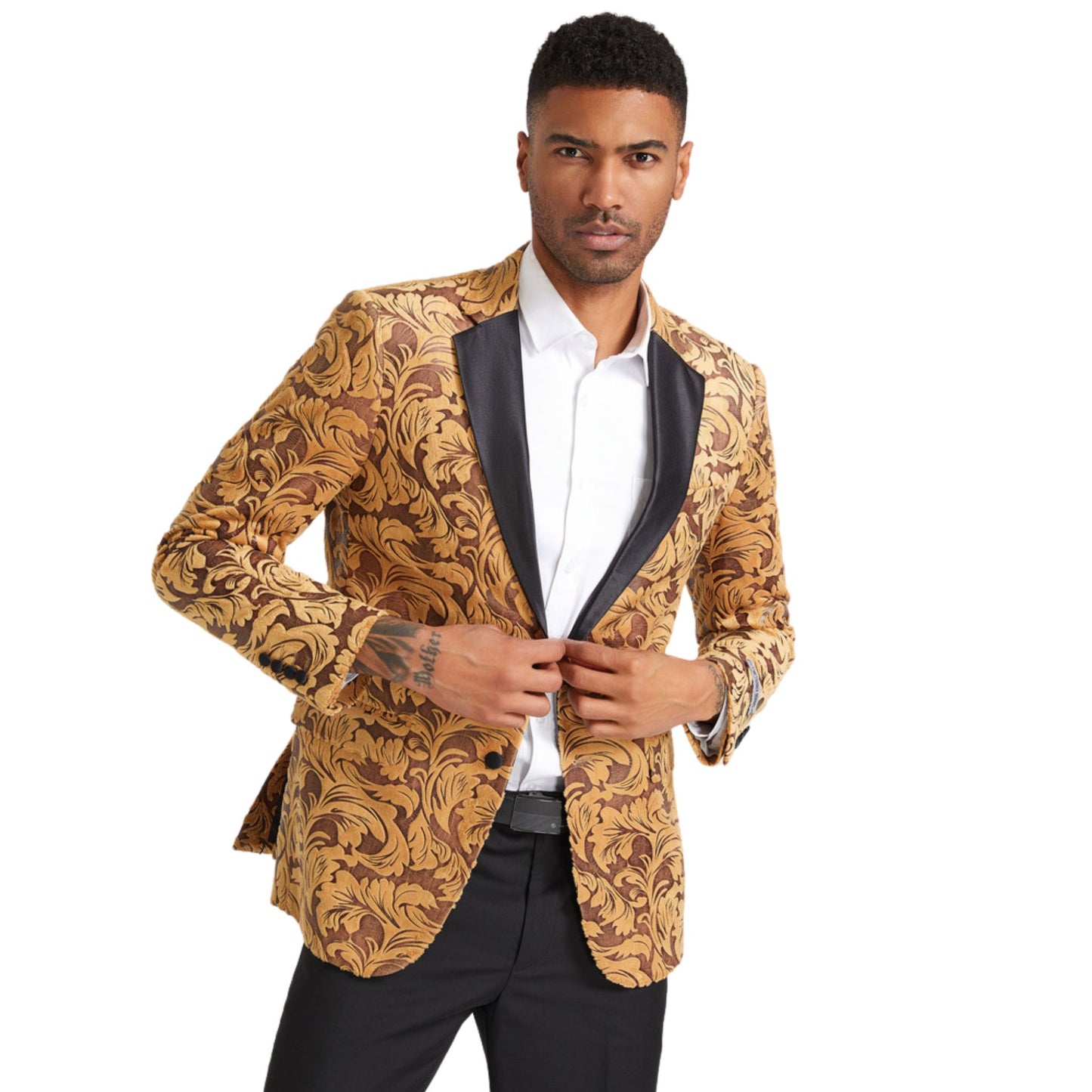 Men’s Gold Floral Prom Tuxedo Blazer with Black Satin Lapel – 2025 Look