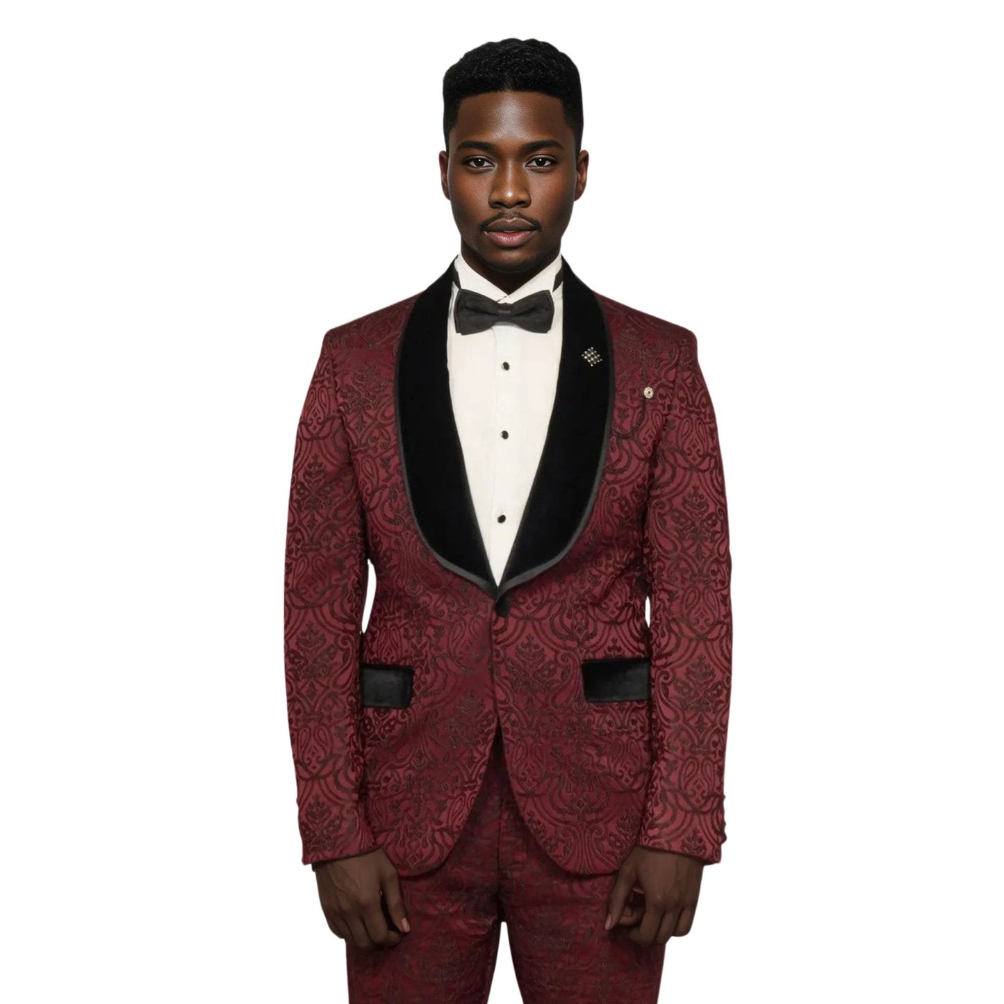 Men’s European Burgundy Tuxedo with Black Velvet Lapel – Prom 2025 Look