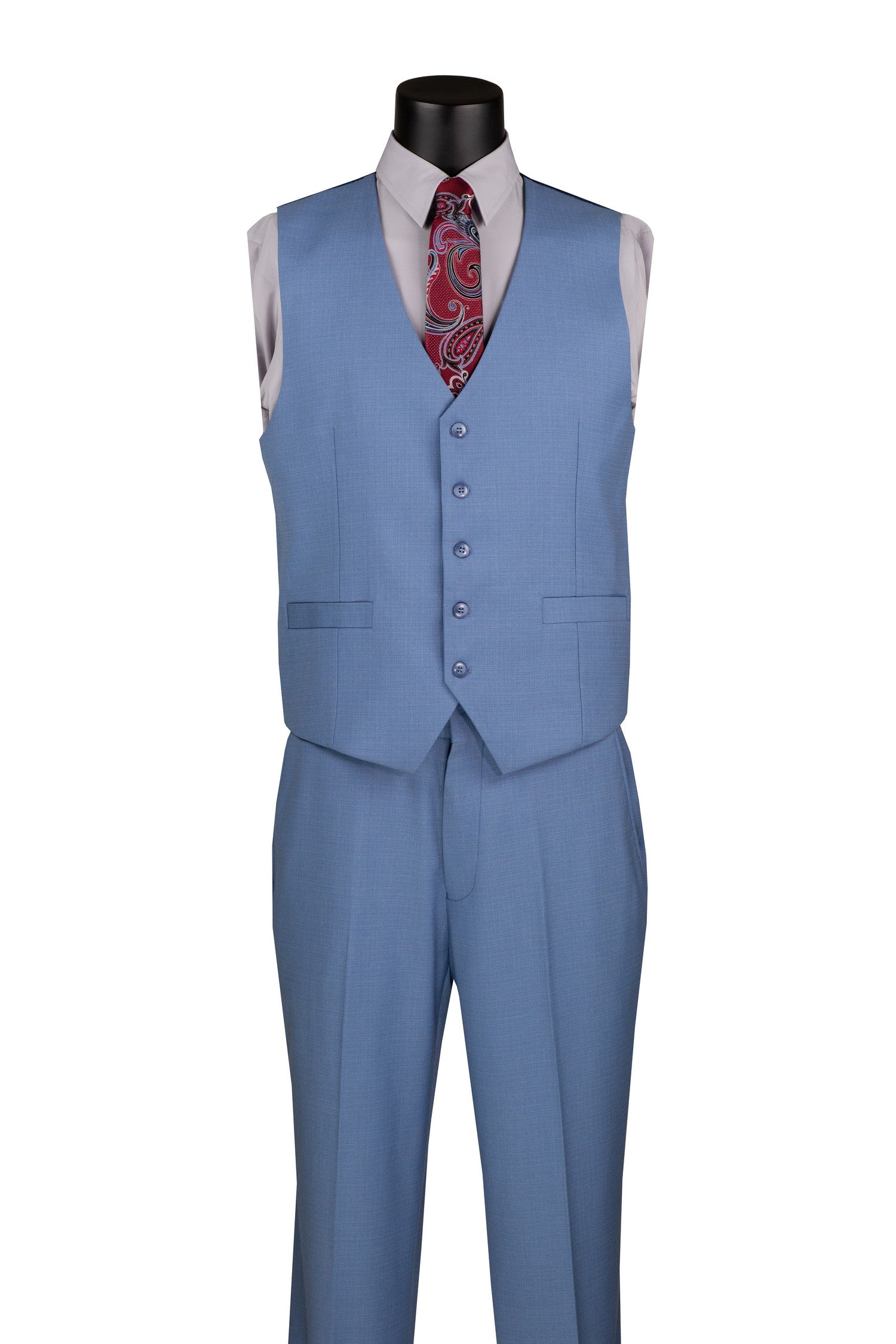 Close-up of Dusty Blue Vest, showcasing high-quality fabric, gold chain accent, and premium craftsmanship