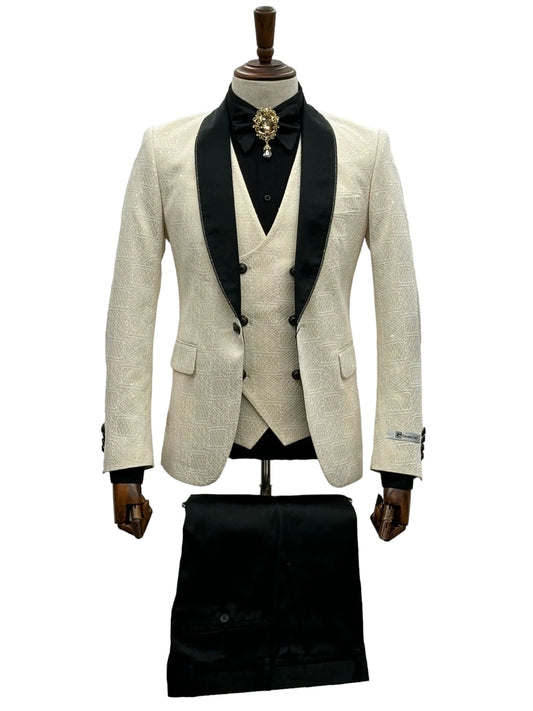 Ivory Luxe Tuxedo Set with brocade detail, embodying vintage elegance and sophistication."
