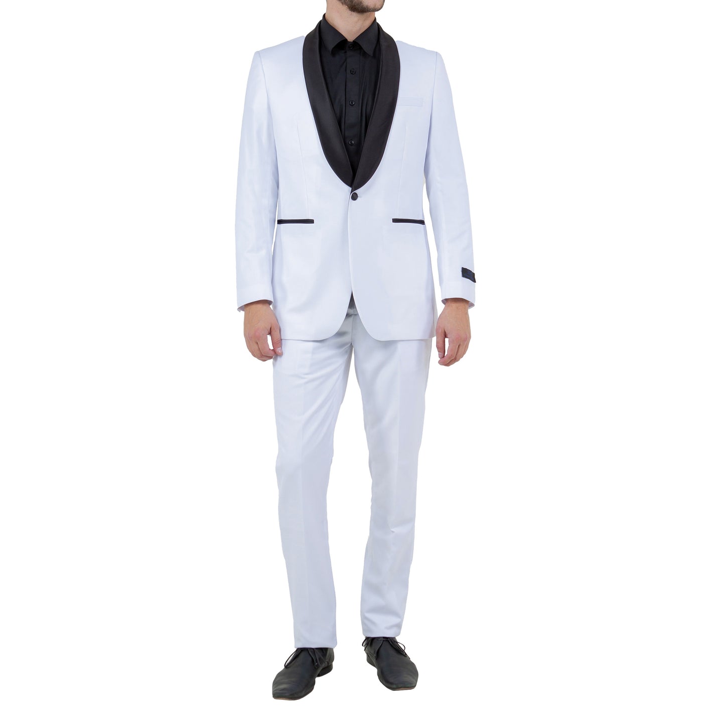 Men's Slim-Fit White Tuxedo with Black Satin Shawl Lapel