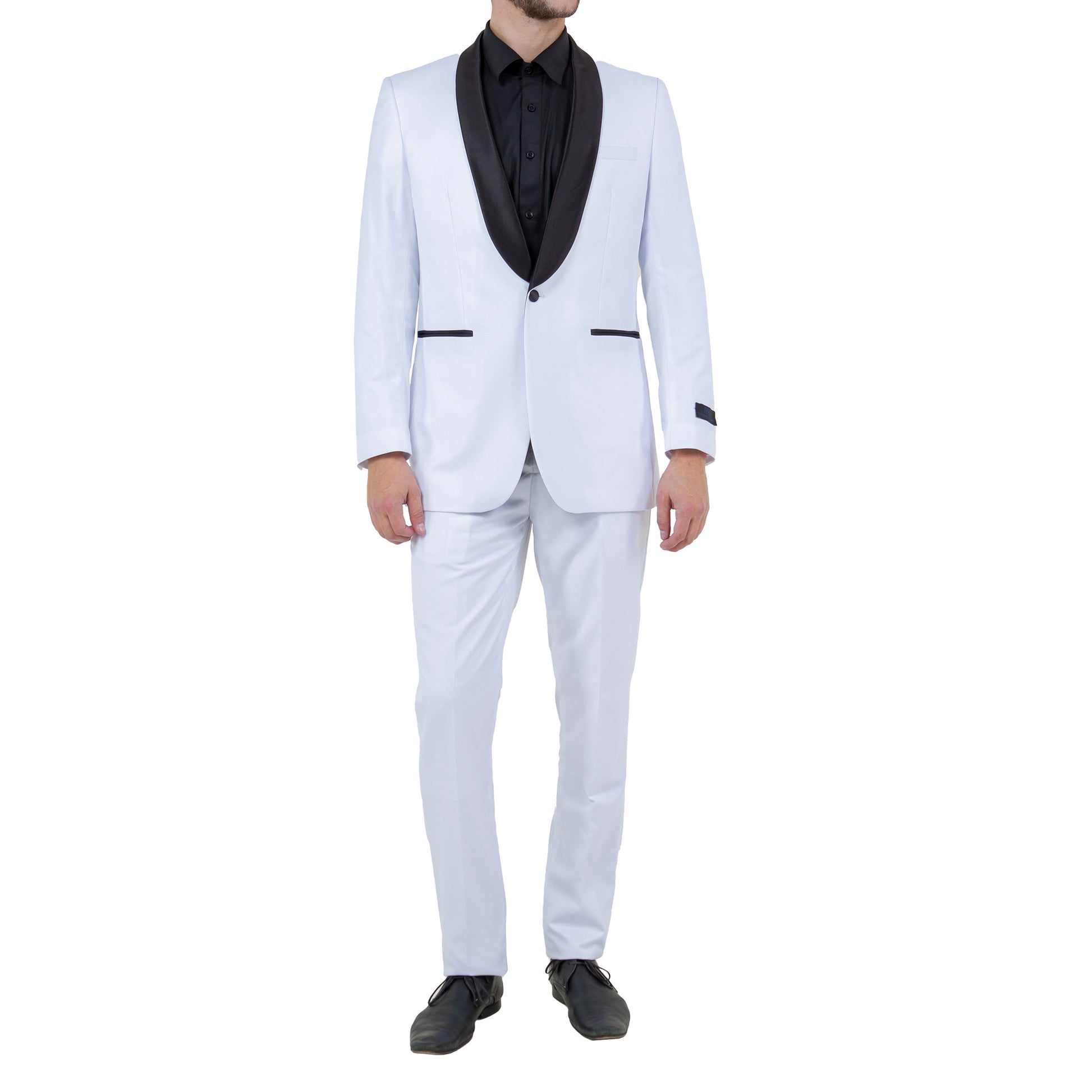 Men's Slim-Fit White Tuxedo with Black Satin Shawl Lapel