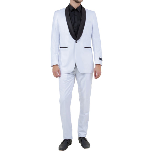 Men's Slim-Fit White Tuxedo with Black Satin Shawl Lapel