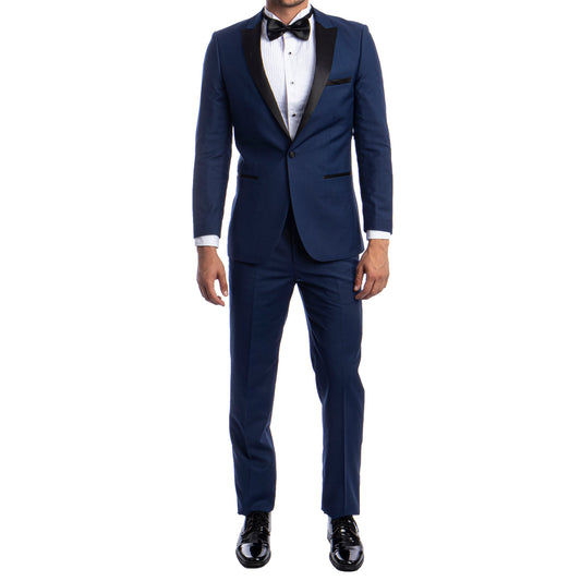 Men's Slim-Fit Navy Blue Tuxedo with Black Satin Lapel