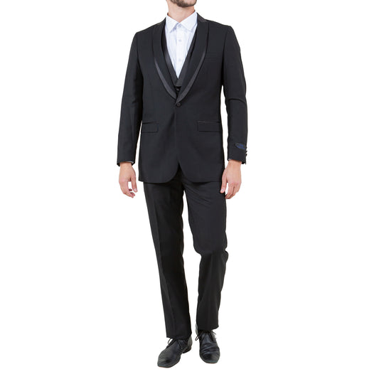 Men's Classic Slim-Fit Black Three-Piece Tuxedo with Satin Lapel