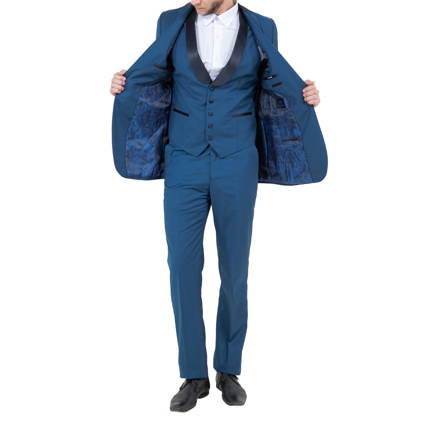 Men's Slim-Fit Teal Blue Three-Piece Tuxedo with Satin Shawl Lapel