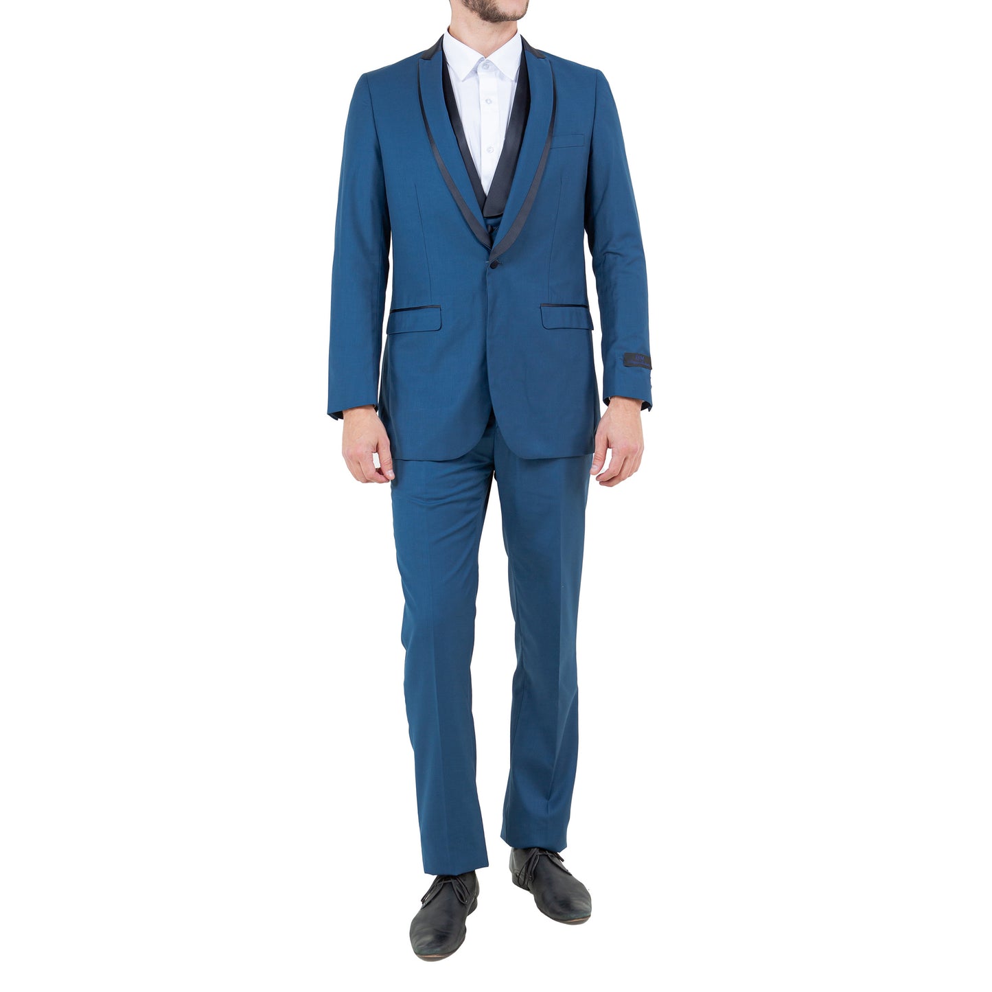 Men's Slim-Fit Teal Blue Three-Piece Tuxedo with Satin Shawl Lapel
