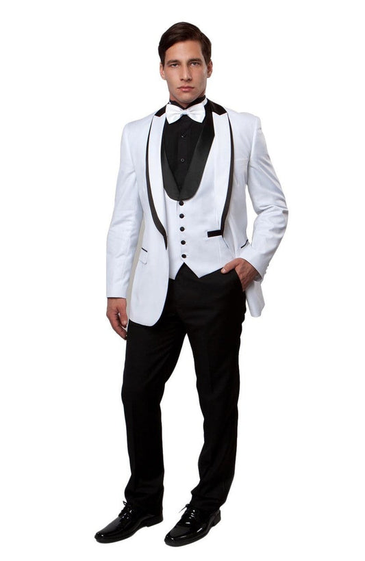 Elegant KCT Menswear black and white tuxedo with shawl lapel, ideal for formal occasions.