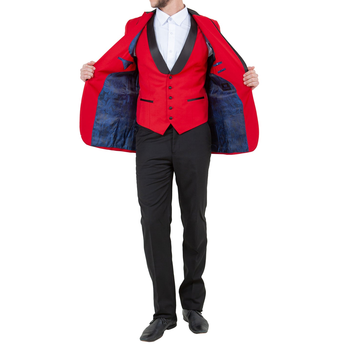 Men's Slim-Fit Red Tuxedo with Black Satin Lapel and Matching Vest