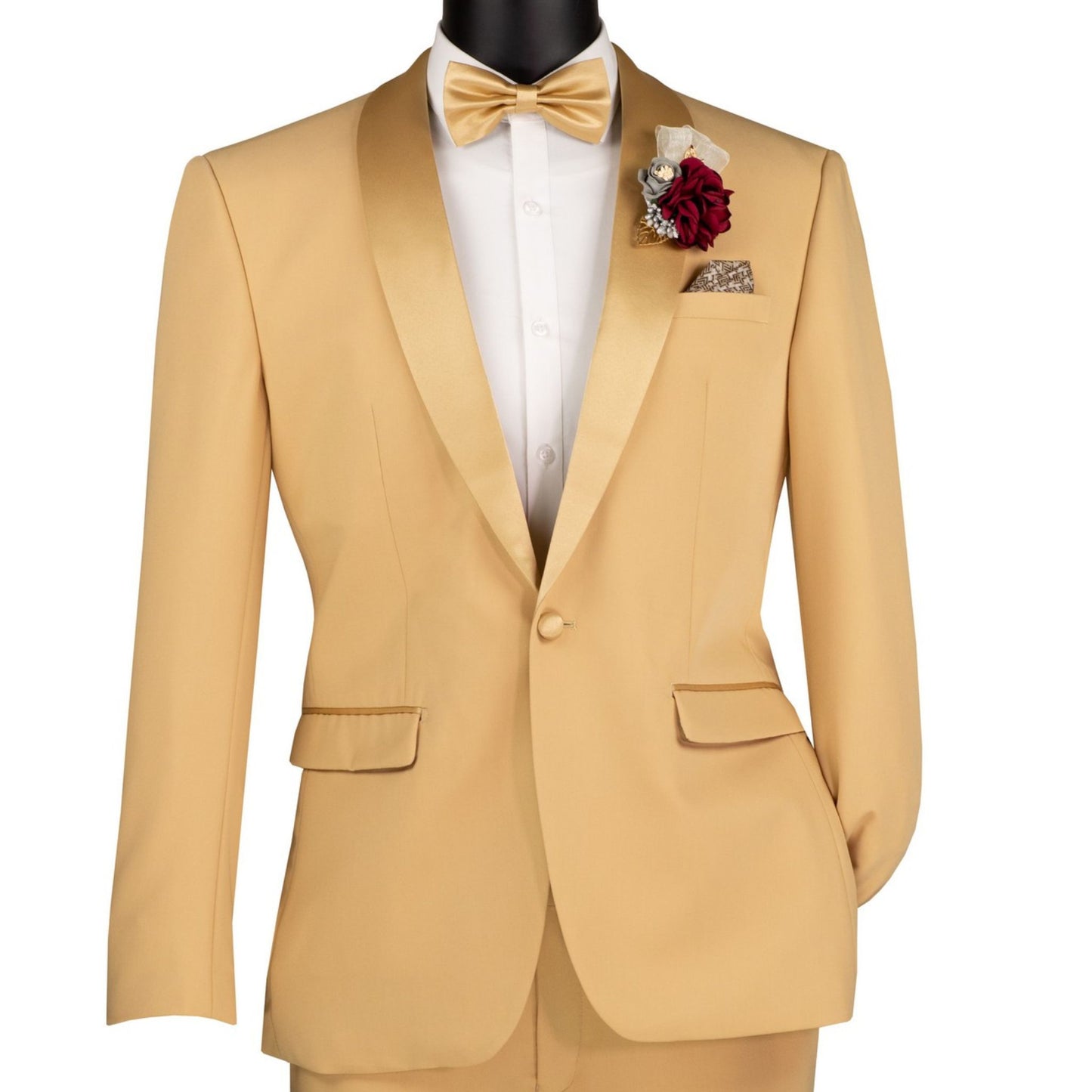 Men’s Light Gold Slim-Fit Tuxedo – Formalwear Suit with Satin Lapels