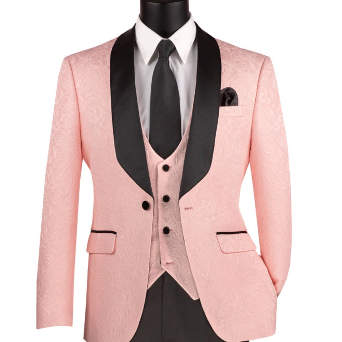 "Men’s Light Pink Paisley Jacquard Slim-Fit Tuxedo – 3-Piece Formalwear Set with Black Satin Lapels