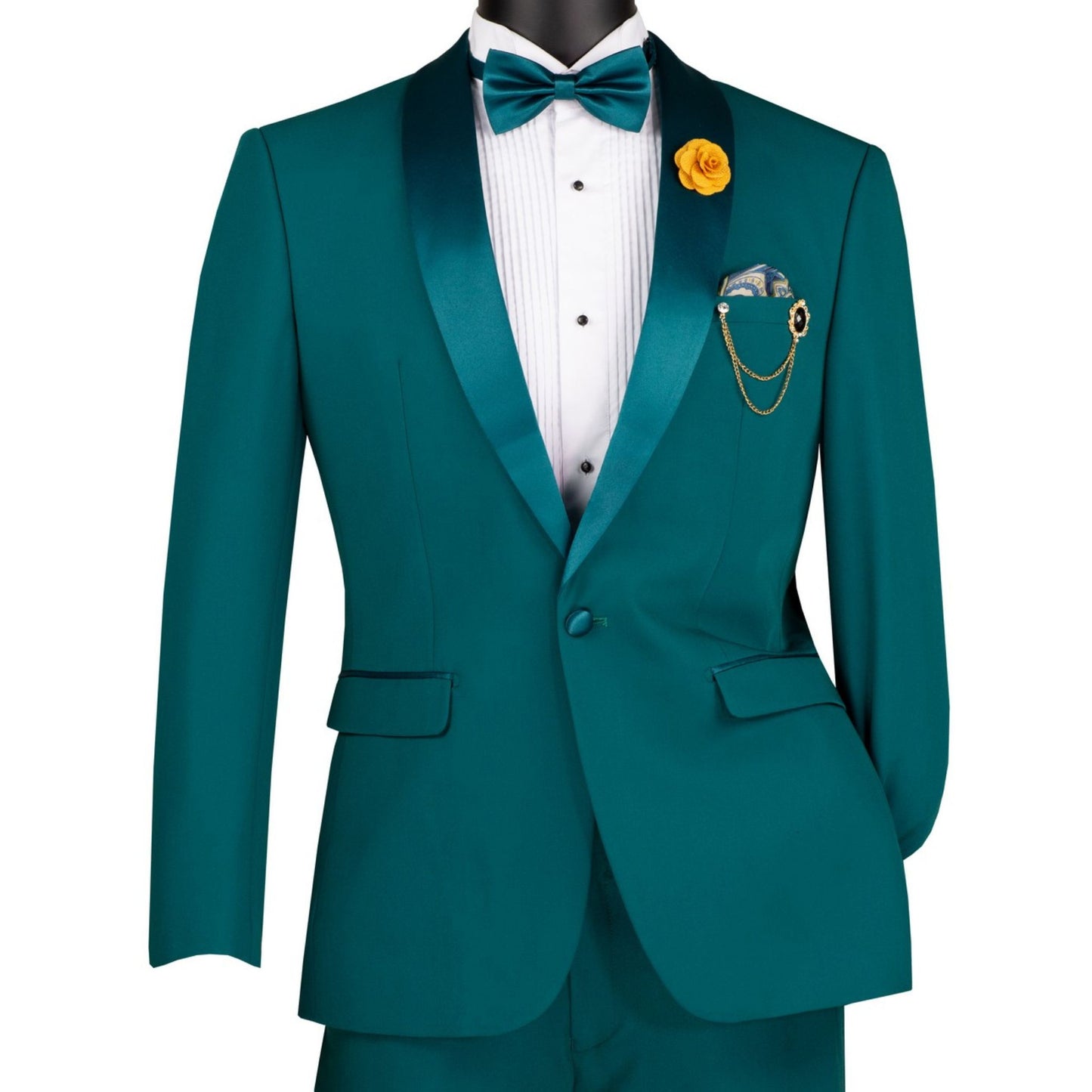 Men’s Teal Slim-Fit Tuxedo – Formalwear Suit with Satin Lapels