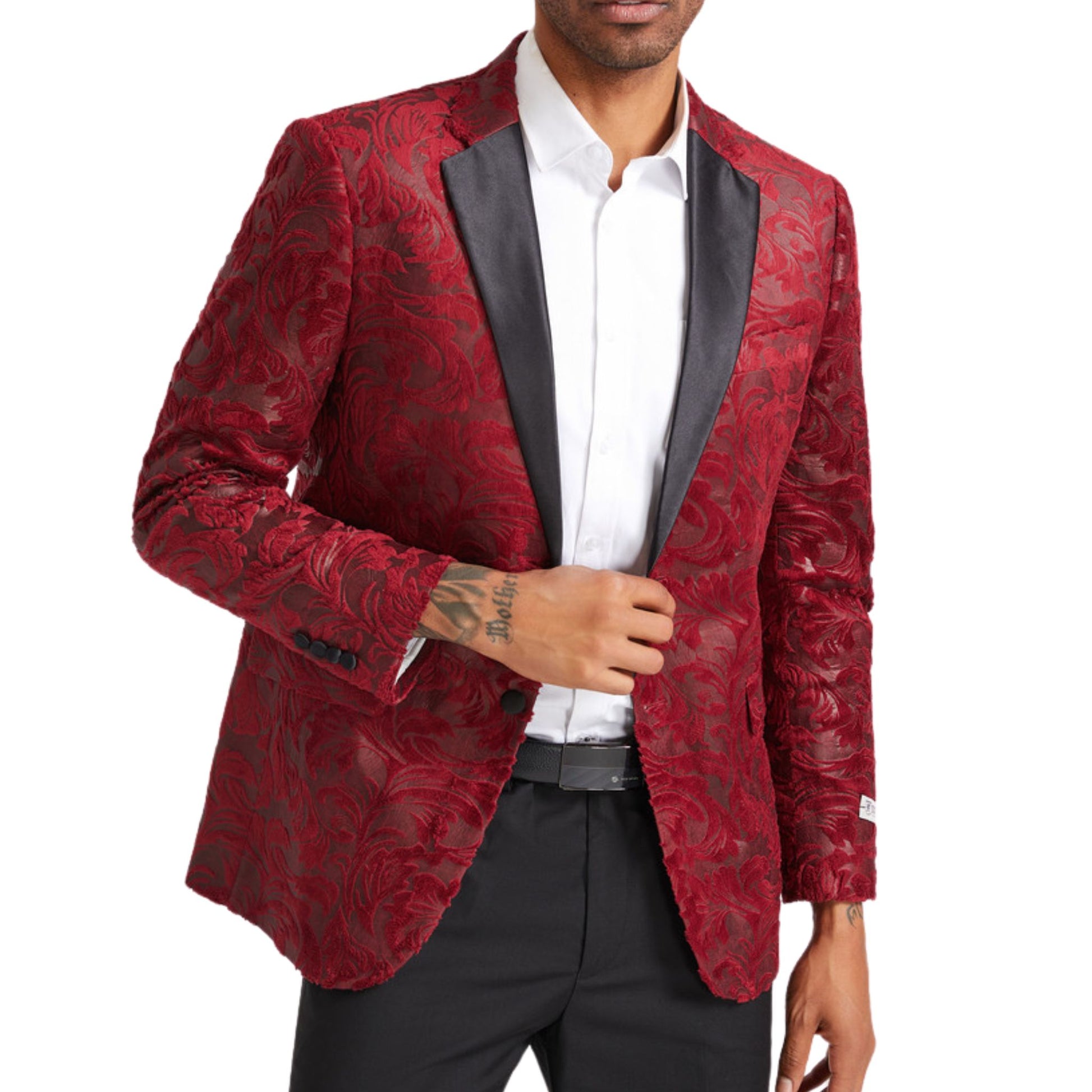 Red Floral Prom Tuxedo Blazer with Black Satin Lapel-1x