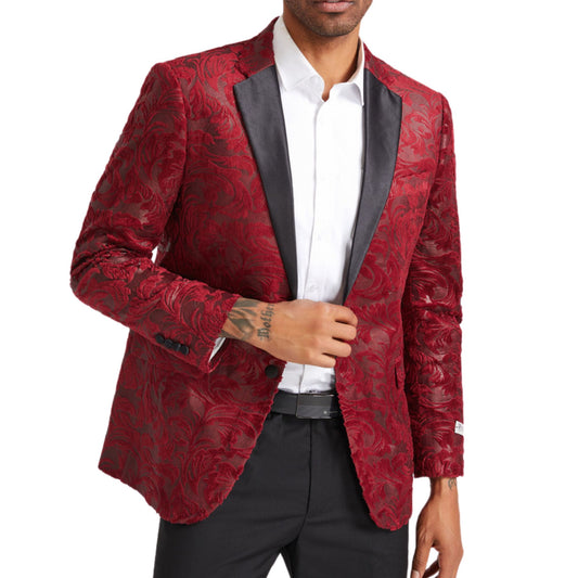 Red Floral Prom Tuxedo Blazer with Black Satin Lapel-1x