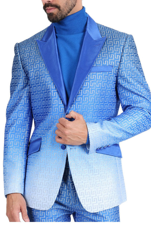 A stylish high school student wearing KCT Menswear's Dazzling Prom Blazer, showcasing its stunning two-tone blue and silver fading effect, and sparkling rhinestone Greek key pattern on collar and pockets - perfect for a memorable prom night.