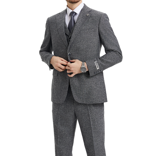 Men's Slim-Fit Grey Tweed Three-Piece Suit