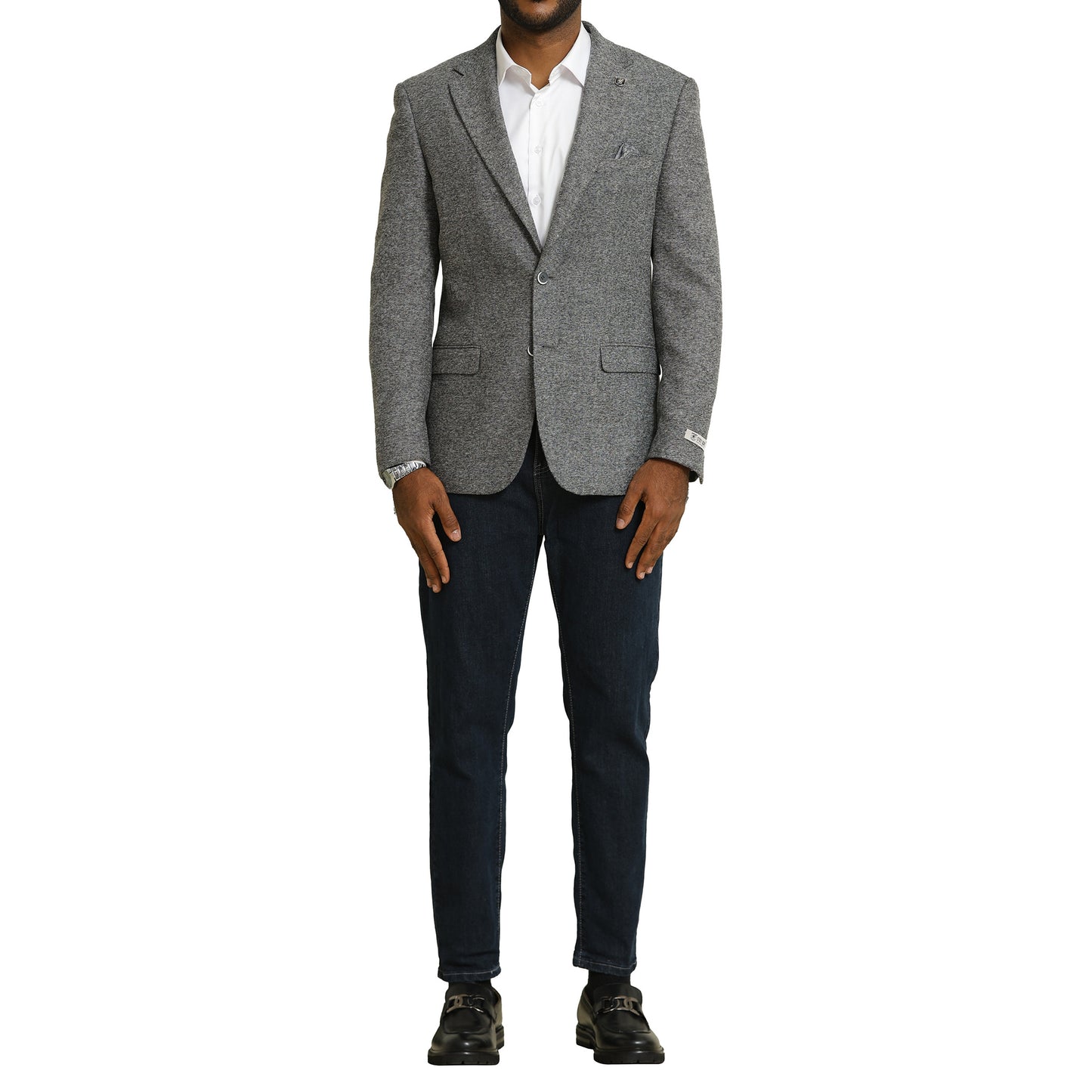 Men's Grey Tweed Blazer with White Dress Shirt and Dark Denim Ensemble