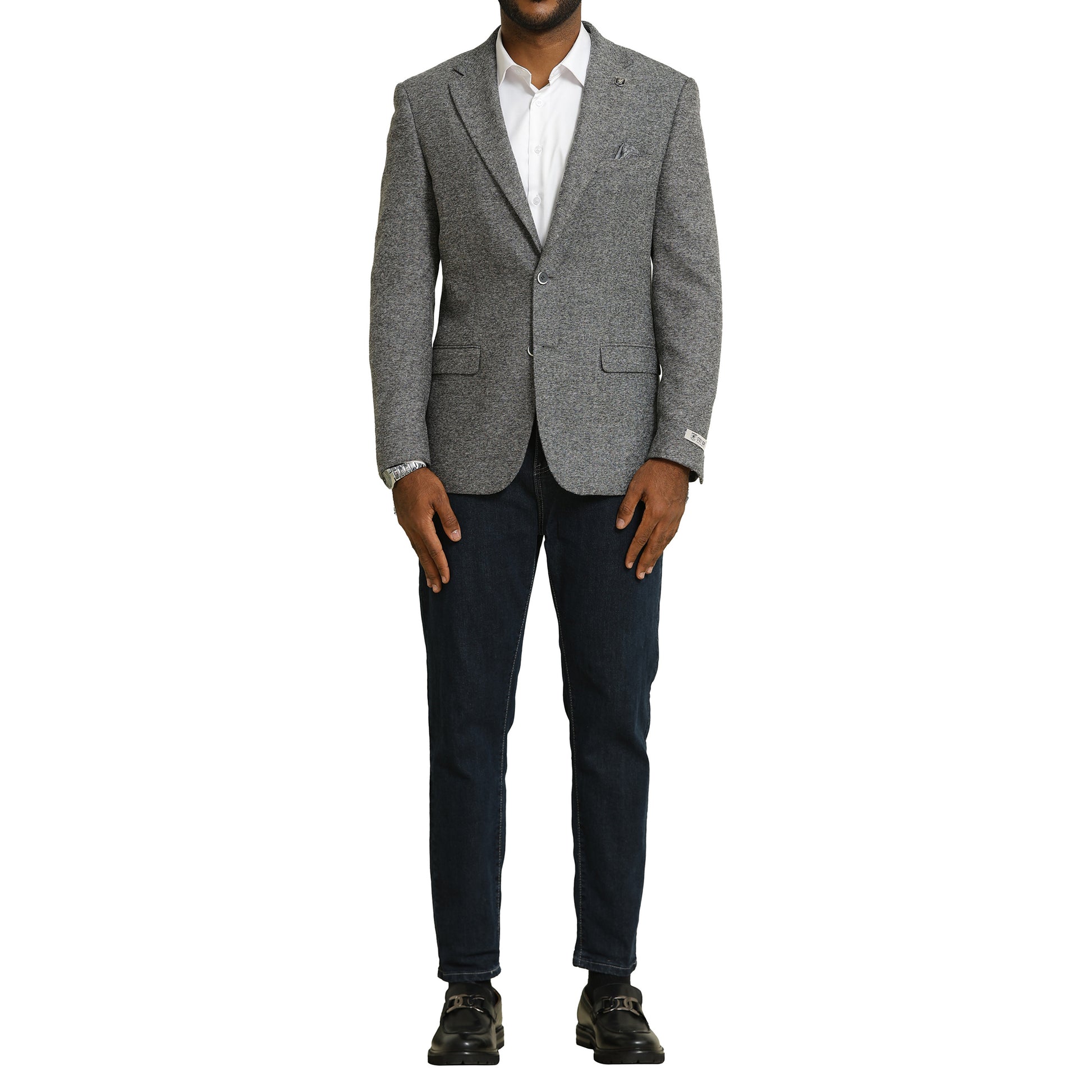 Men's Grey Tweed Blazer with White Dress Shirt and Dark Denim Ensemble