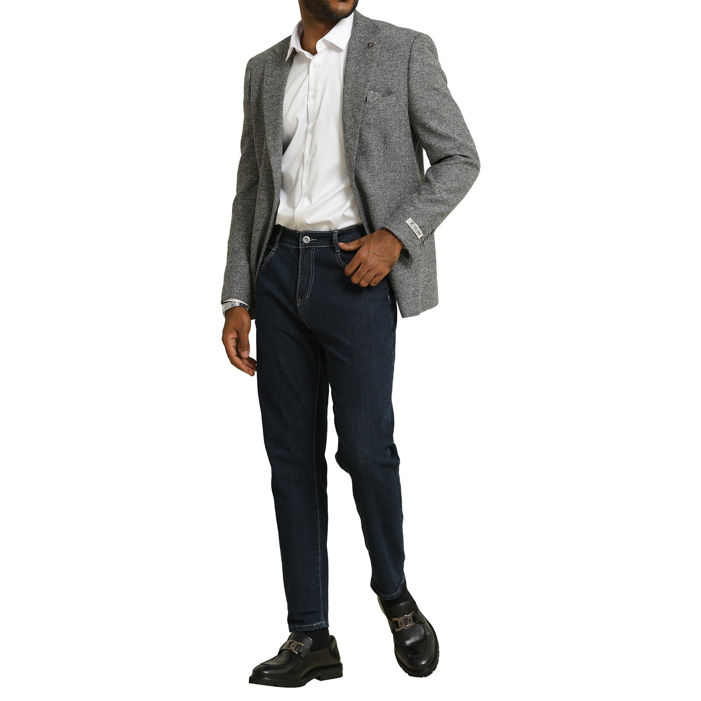 Men's Grey Tweed Blazer with White Dress Shirt and Dark Denim Ensemble