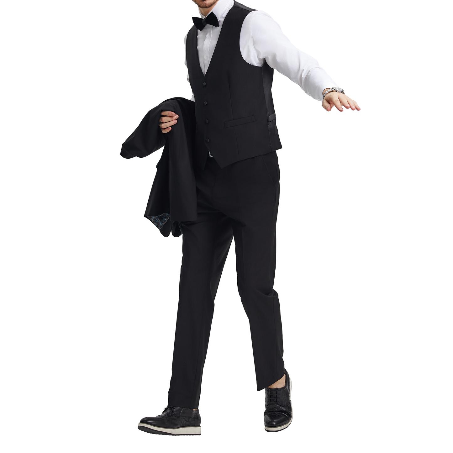 Men's Classic Black Three-Piece Tuxedo with Satin Shawl Lapel