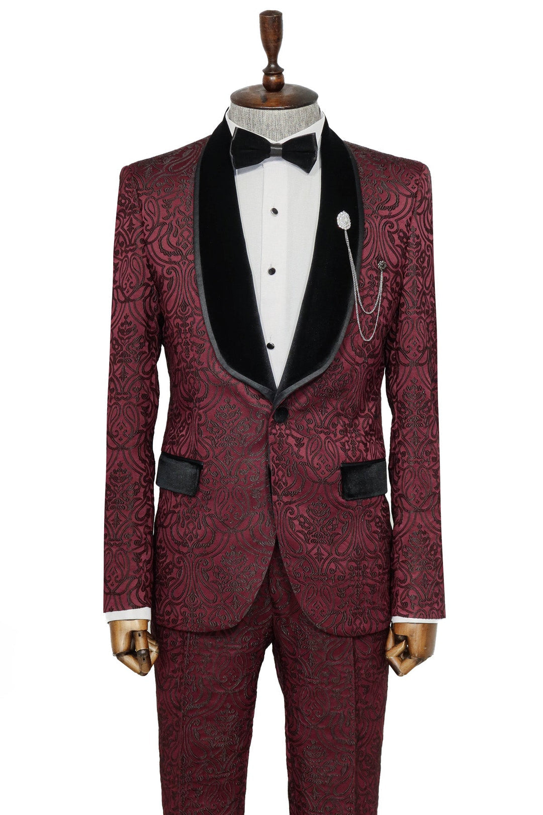 Burgundy European Prom Tuxedo with Black Velvet Lapel – 2025 Edition